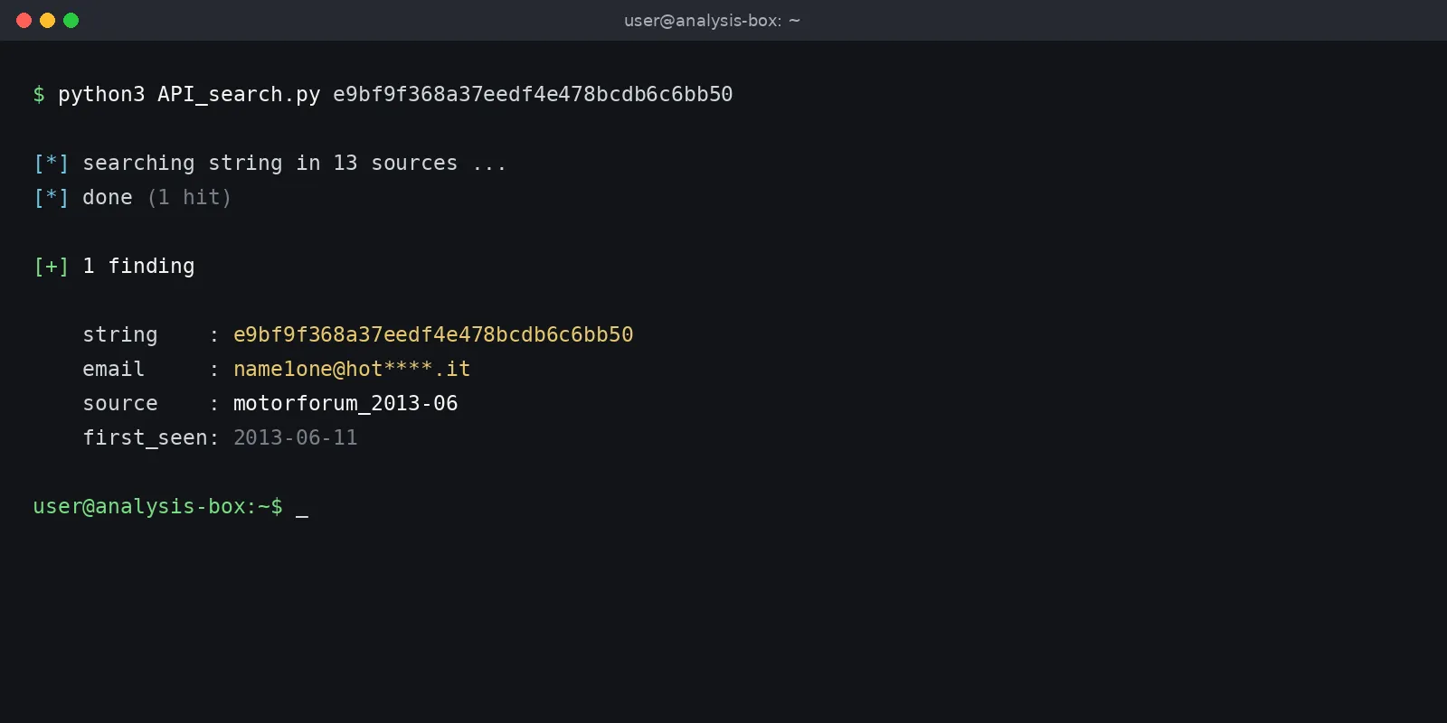 Terminal search of an MD5 string across 13 sources, returning one finding with the associated email