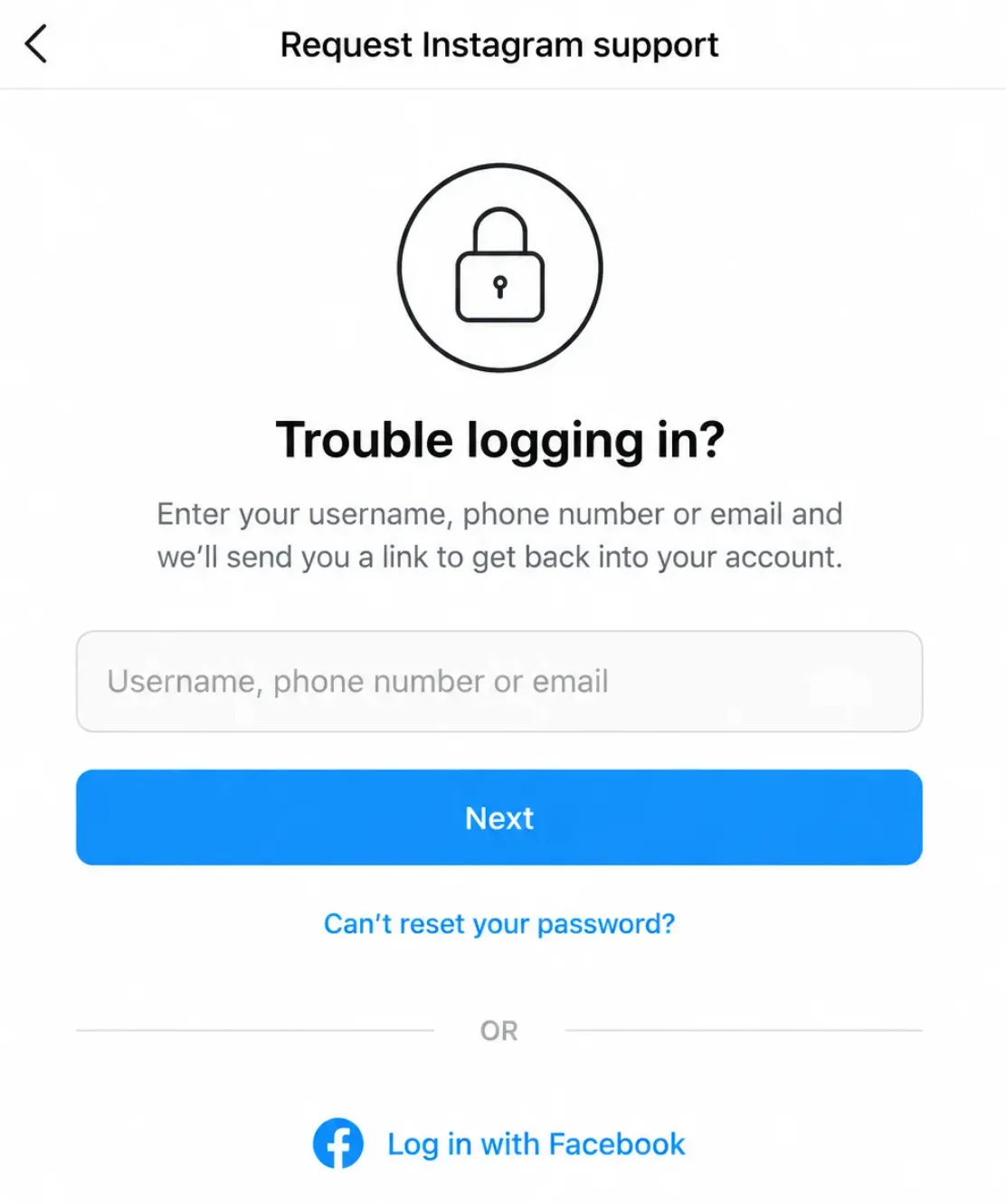 Instagram Trouble logging in screen